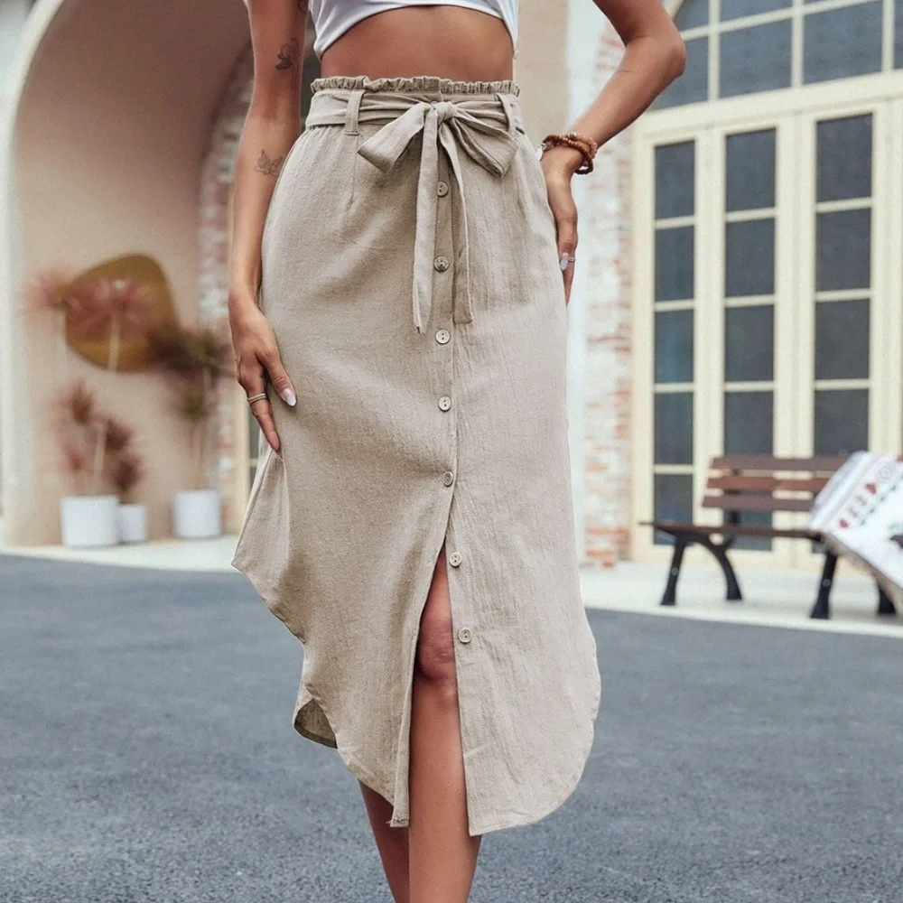 Boho Button up Belted Office Work Skirt - Picture 1 of 10